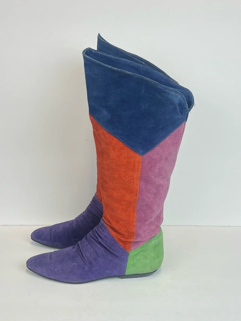 Vintage Bootalinos Multicolor Low Heels Slanted Hi Lo Suede Leather Boots Size 7